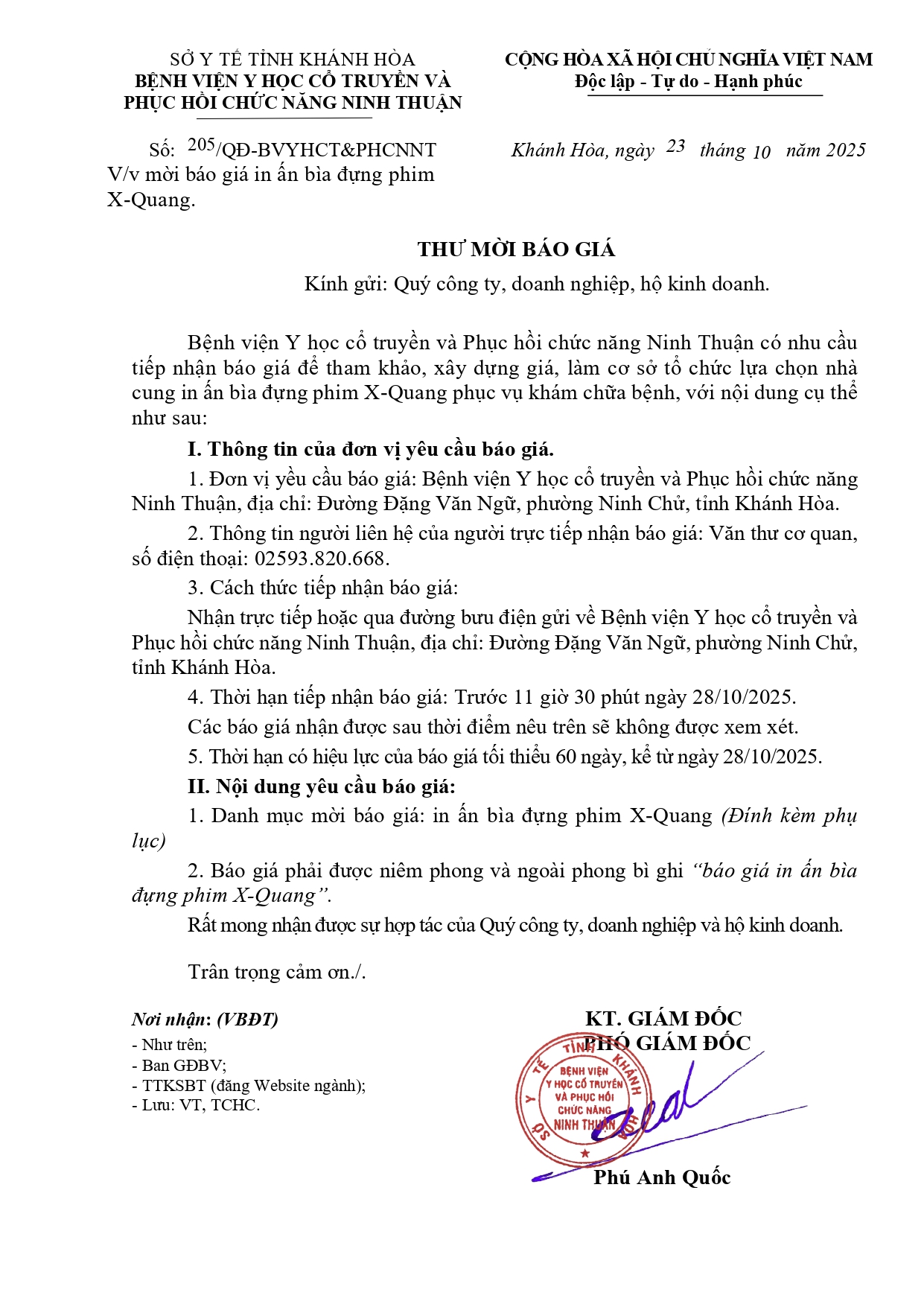 V/v mời báo giá in ấn bìa đựng phim X-Quang.